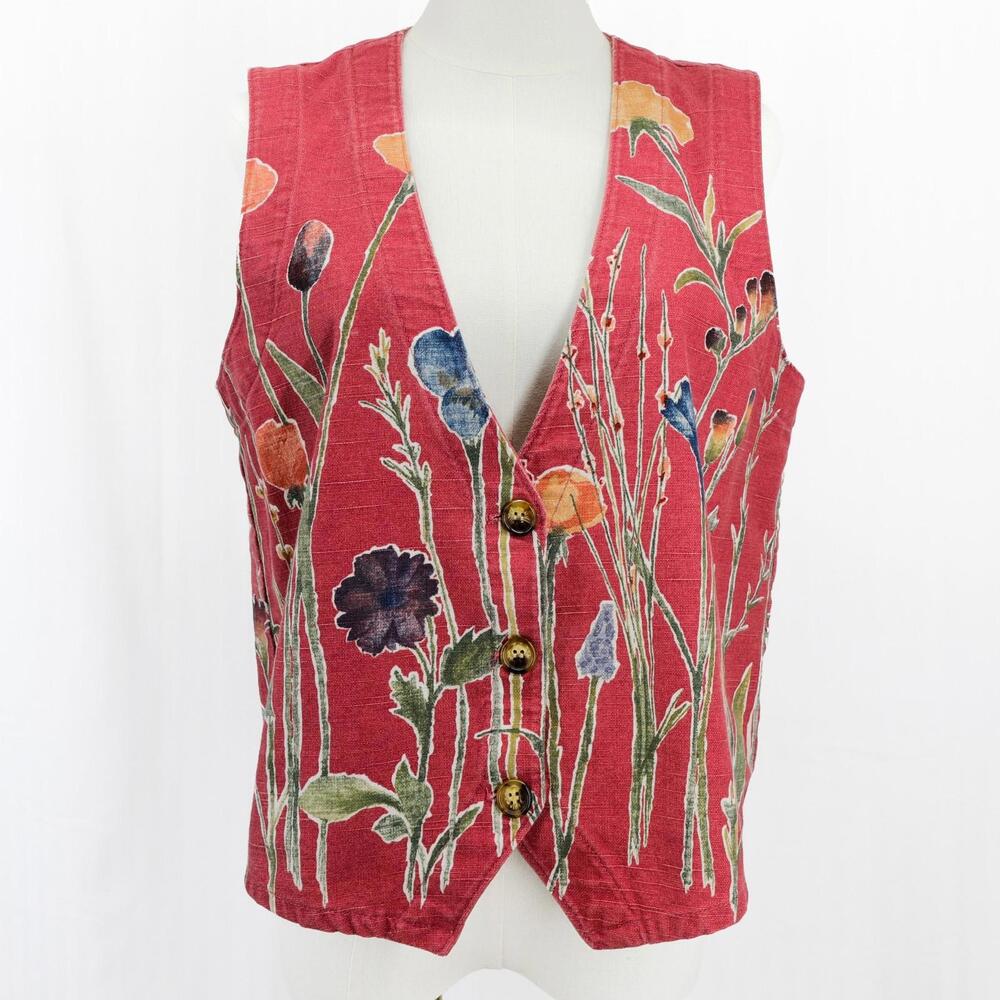 Vintage Orvis Canvas and Flax Red Floral Vest Made in USA Early 90's  M